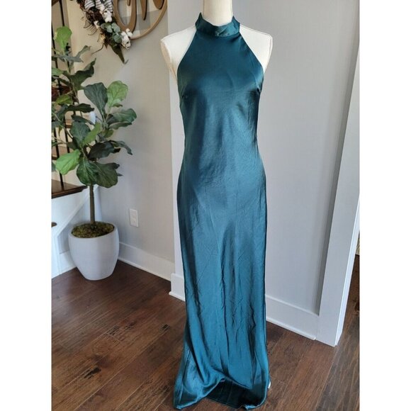 Hello Molly The Cleo Halter Satin Maxi Dress Teal Size L Formal Wedding Prom - Picture 2 of 8